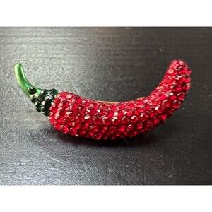 Vintage Red Chili Pepper Spice Crystals Rhinestone Brooch Pin B96